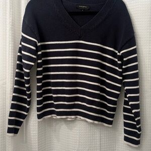 Banana Republic Navy and White V-Neck Sweater